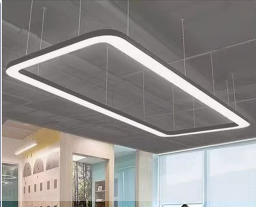 Suspended rectangular panel light in an office interior